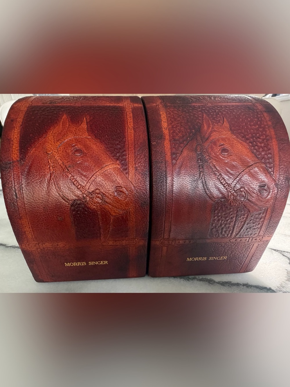 Equestrian Embossed Leather Bookends - Vintage Chestnut Old Money